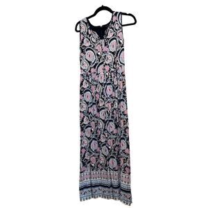 Talbots‎ Maxi Dress Sleveless Notch Neck Navy Blue Pink Paisley Size 2